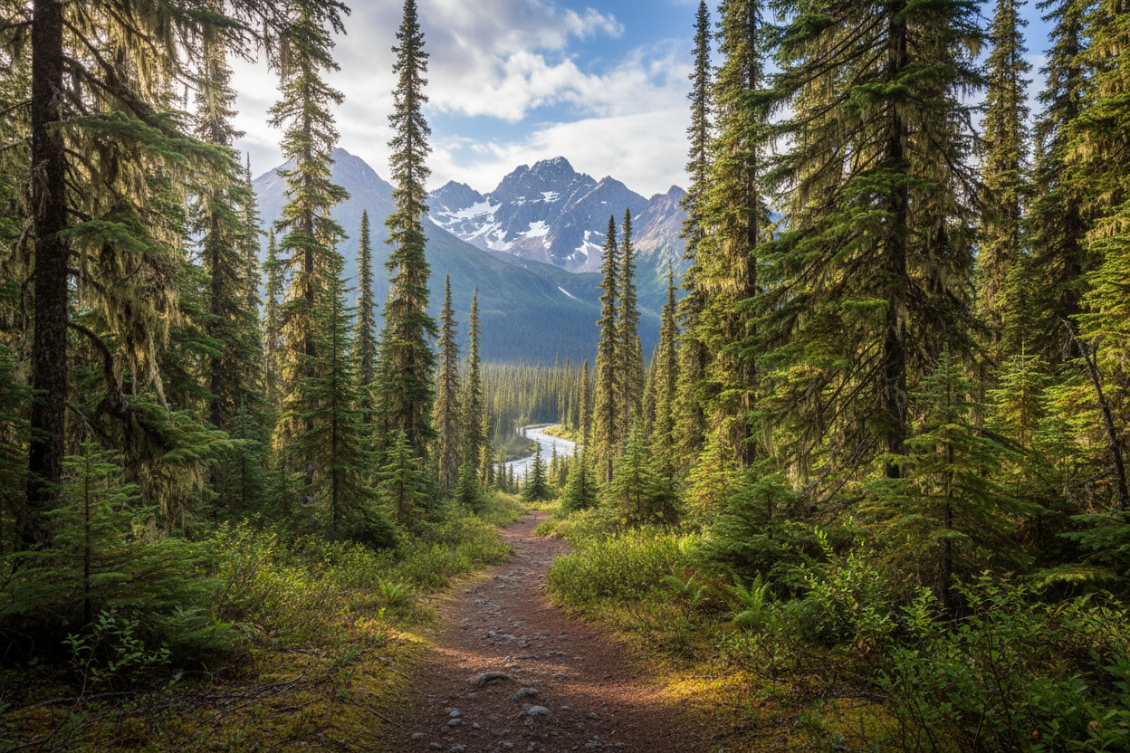 alaskan trail with pine trees