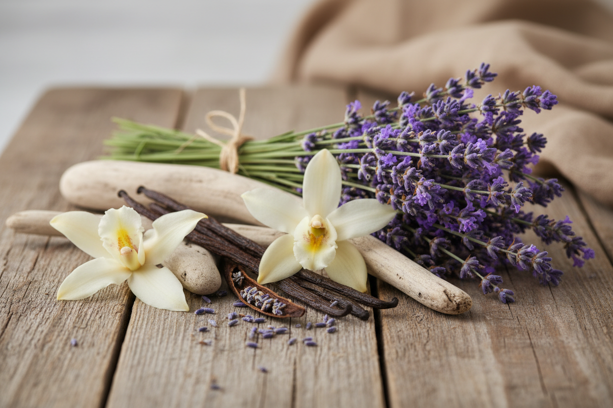 lavender, vanilla, woods